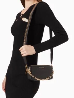 Michael Kors Black Leather Crossbody with Gold Chain Accent